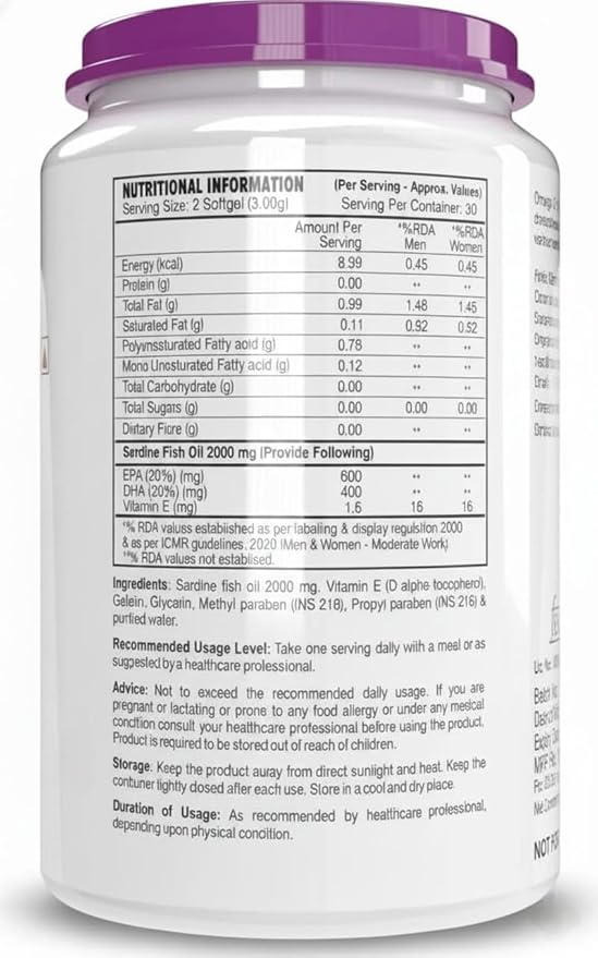 Omega 3 Fish Oil | Omega 3 Fish Oil Capsules for Women and Men | Triple Strength Fish Oil | Burpless EPA 600 - DHA 400 Supplement 60 Softgel Capsules
