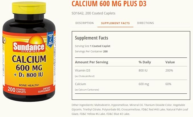 Sundance Calcium 600 mg + Vitamin D3 800 IU - 200 Coated Caplets Pack of 4