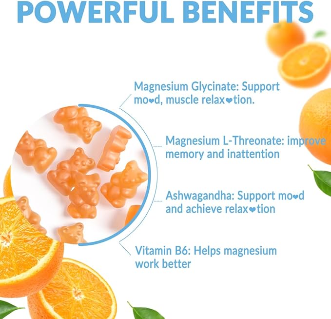 Sugar-Free Magnesium Glycinate Gummies with L-Threonate Magnesium Supplements for Women and Men with Ashwagandha L-Theanine GABA Vitamin C B6