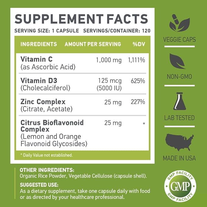 C D Z | Vitamin C 1000mg | Vitamin D3 125mcg | Zinc 25mg | Non-GMO &amp Gluten Free | 120 Vegetarian Capsules | 120 Servings