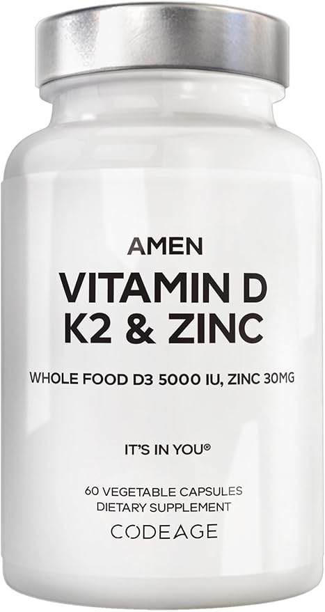 Amen Vitamin D K2 &amp Zinc Cholecalciferol D3 5000 IU Organic Whole Food Blend with Apple Blueberry Cranberry Elderberry Powder Fruits Vegan Supplement D3 K2 Vitamins Non-GMO - 60 Capsules