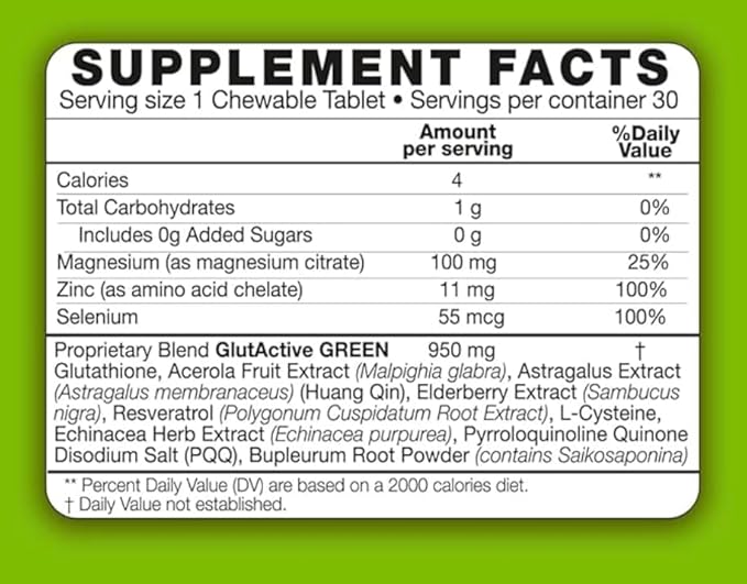 Green 950mg | Immune Support | Glutathione | Antioxidant Detox Increase Immunity Energy Strengthen &amp Cellular Protect | 30 Chewable Tablets (30)