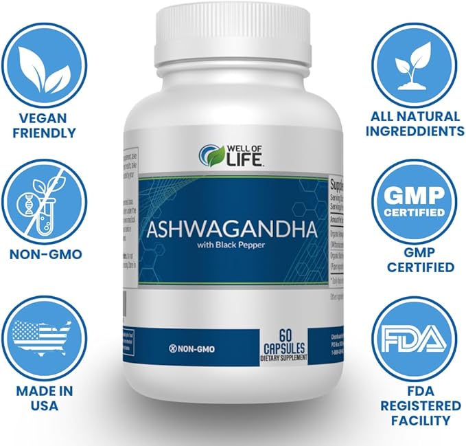 Well of Life Ashwagandha Supplements 1300mg Per Serving – with Black Pepper Extract for Calm Focus &amp Sleep Support | 60 Vegan Capsules Non GMO GMP Certified USA Made