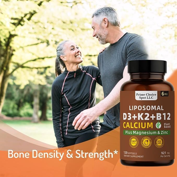 Vitamin D3 K2 B12 with Calcium Magnesium Zinc – 6-in-1 Bone &amp Muscle Support Complex | High Potency D3 5000 IU + K2 MK7 for Calcium Absorption Mobility &amp Energy | Non-GMO 120 Softgels
