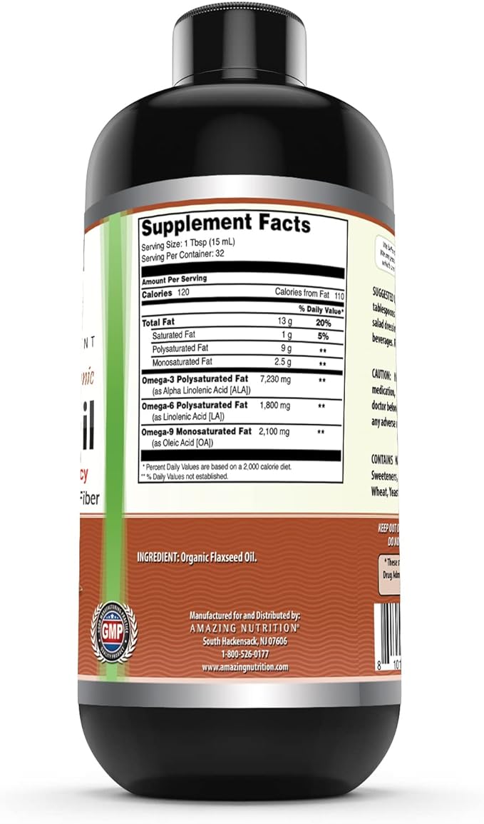 Amazing Omega Flaxseed Oil Supplement | Omega 3 Lignans &amp Fiber | 16 Oz | Non-GMO | Gluten Free | Made in USA (Pack of 2)