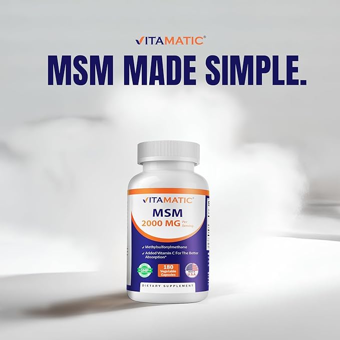 Vitamatic MSM 2000 mg with Vitamin C 75mg per Serving - 180 Veg Capsules - Vitamin C Aid in Better absopriton of MSM (Methylsulfonylmethane) - Non-GMO &amp Gluten Free-2 Pack
