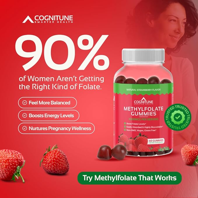 CogniTune Methylfolate Gummies for Kids and Adults - L-Methylfolate 1000mcg 5-MTHF Folate Supplement - MTHFR Support - Strawberry Chewable Vitamin B9 - Non-GMO Vegan - 60 Count