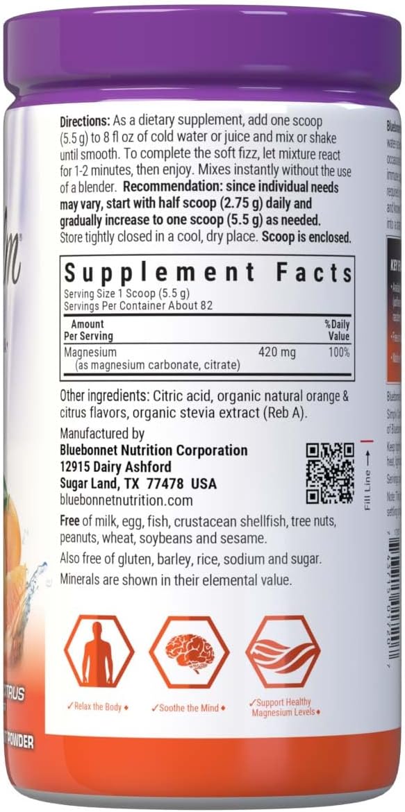 Bluebonnet Nutrition Simply Calm Powder For Calm* Muscle Cramps* Stress Relief* Soy-Free Gluten-Free Non-GMO Kosher Certified Dairy-Free Vegan 16 oz 82 Servings Orange Citrus Flavor