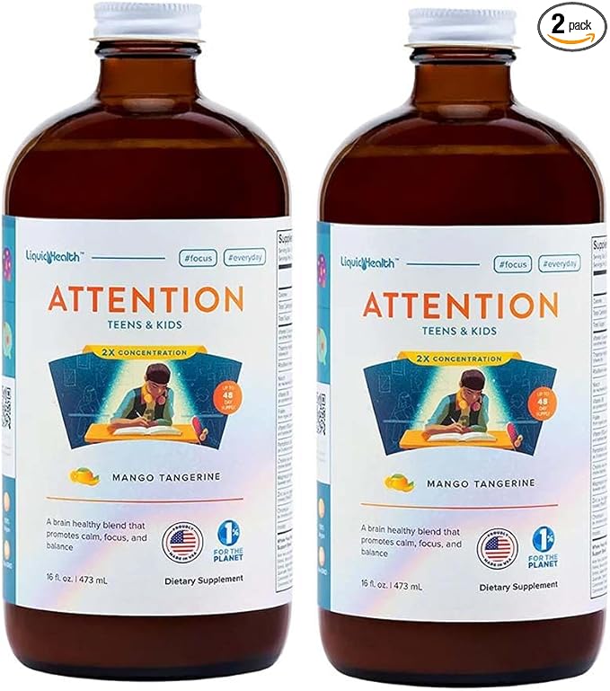 LIQUIDHEALTH Attention Liquid Multivitamin for Kids &amp Teens - Improves Memory Retention Concentration Focus Mood Relaxation &amp Calming - Made in the USA Great Taste Vegan Sugar-Free (2