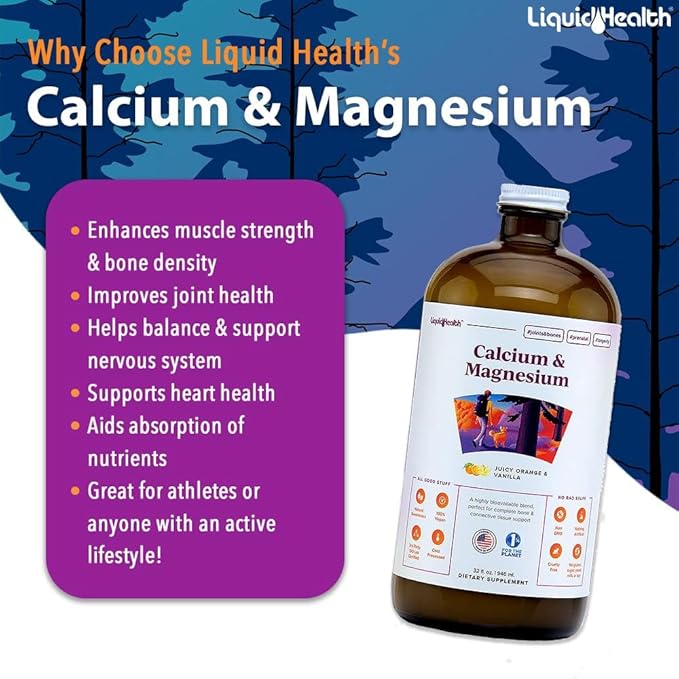 LIQUIDHEALTH Calcium &amp Magnesium Adult Liquid Vitamin Supplement - Bone Joint Muscle Connective Tissue Support Heart Health Essential Nutrients - Made in the USA Vegan Non GMO No Sugar (32
