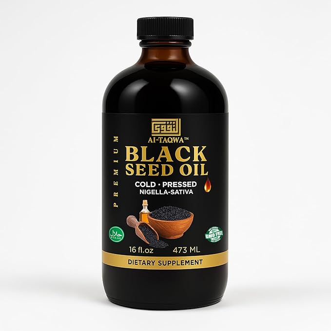 AL-TAQWA Black Seed Oil – Extra Virgin Nigella Sativa (Kalonji) Oil for Hair Skin &amp Wellness – Cold-Pressed Unrefined Non-GMO Vegan Halal – 16oz Amber Glass Bottle
