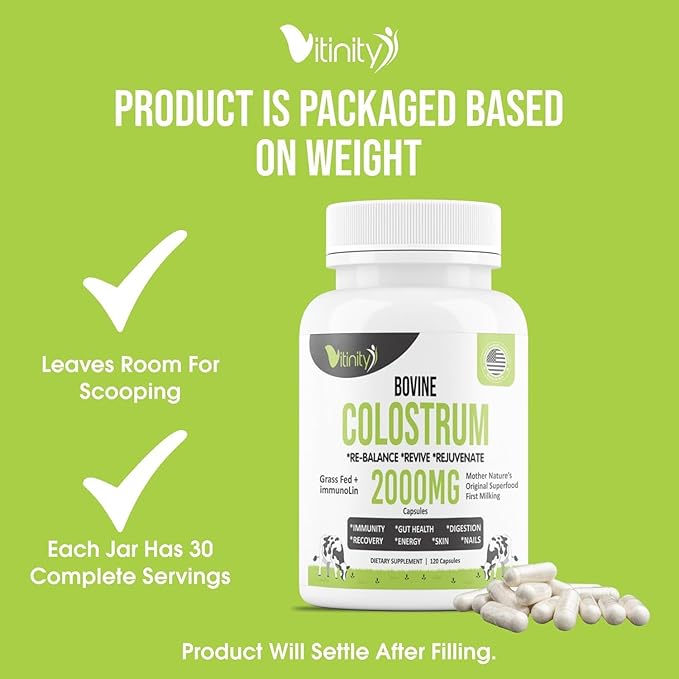 VITINITY Grass Fed Bovine Colostrum Capsules for Humans - Natural IgG Colostrum Supplement for Gut Health Immune Support Muscle Recovery &amp Wellness | Pure Colostrum Superfood Unflavored (120 Co