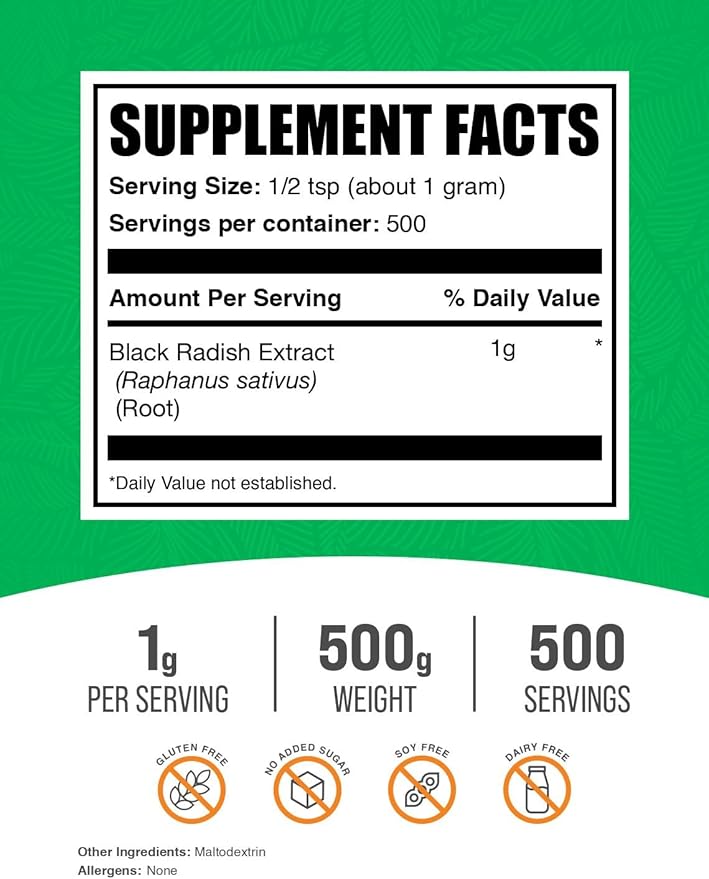 BulkSupplements.com Black Radish Extract Powder - Spanish Black Radish Supplement Herbal Supplement - Vegan &amp Gluten Free 1g per Serving 500g (1.1 lbs) (Pack of 1)