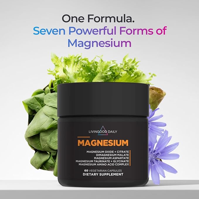 Livingood Daily Magnesium Supplement with Magnesium Glycinate Citrate Malate Oxide Aspartate Amino Acid Complex and Chicory Root for Heart Health Sleep and Muscle Support 300mg 60 Capsules