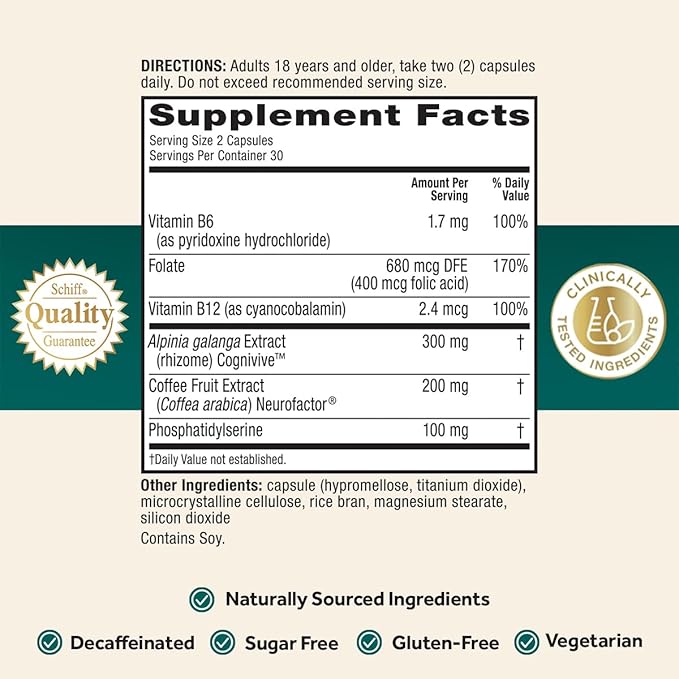 NEURIVA Ultra Decaf Clinically Tested Nootropic Brain Supplement for Mental Alertness Memory Focus &amp Concentration Cognivive Neurofactor Phosphatidylserine Vitamin B6 B12 60 Caps (2 Pack)