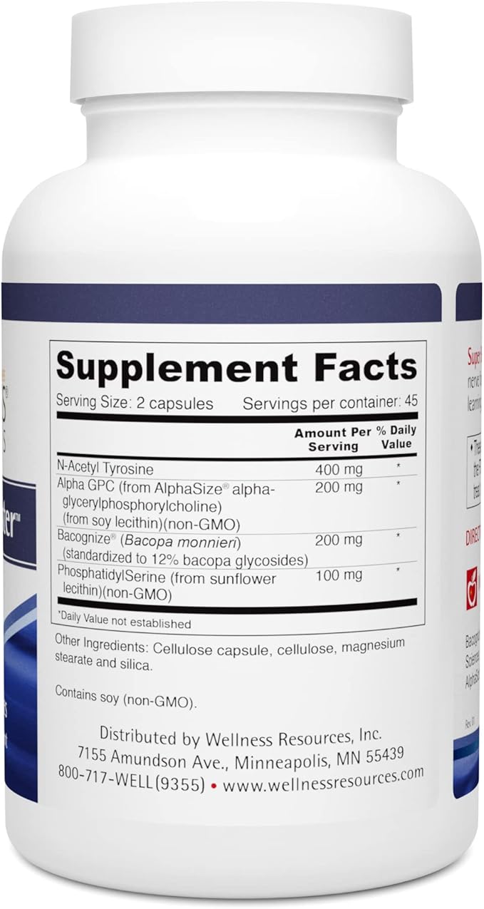 Wellness Resources Super Brain Booster with Phosphatidylserine N-Acetyl Tyrosine Alpha GPC and Bacopa for Mental Clarity Focus and Memory (90 Capsules)