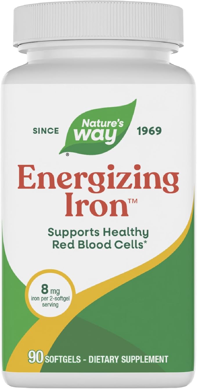 Nature's Way Energizing Iron - Red Blood Cell Support* - 8 mg Iron -200 mcg of Cyanocobalamin &amp Vitamin B12 per 2-Softgel Serving - Gluten Free - 90 Softgels