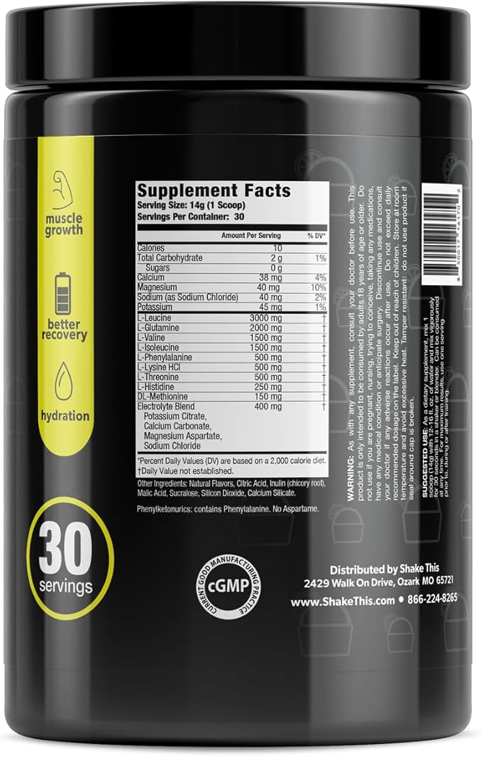 Amino Powder - Pre and Post Workout with Electrolytes - BCAA 2:1:1 Ratio Amino Acids Superior Taste Tested and Certified Lemon Ice 30 Servings