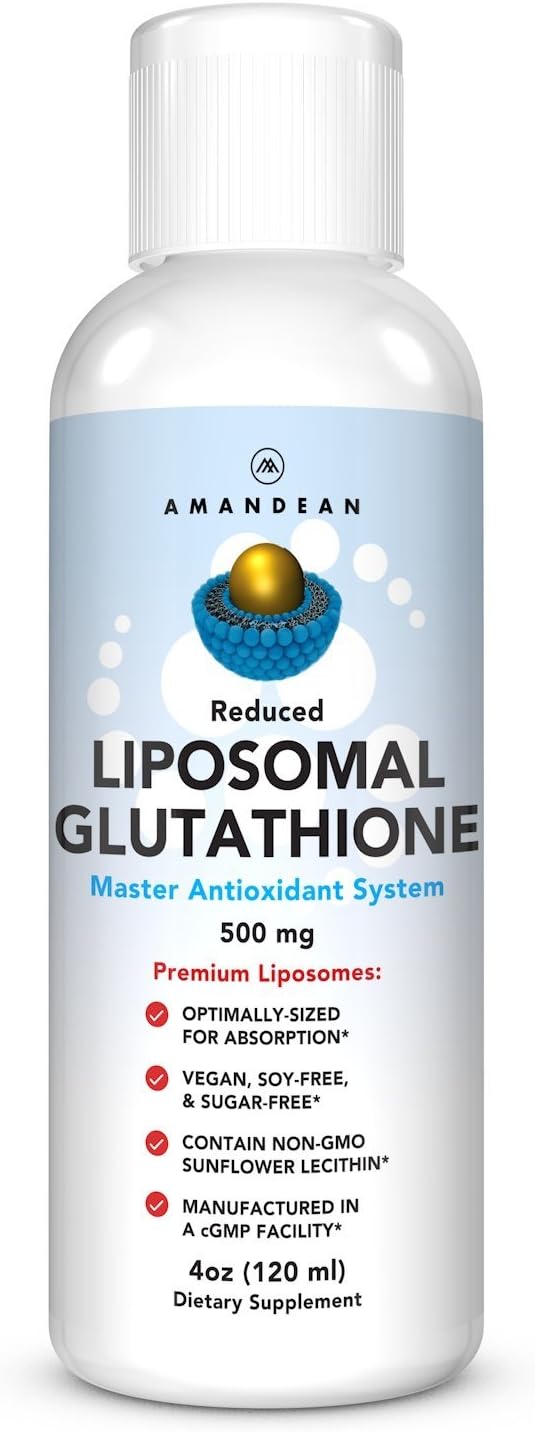 AMANDEAN Liposomal Glutathione Supplement. Liquid Reduced Setria 500mg. Immune Cellular &amp Skin Health Liver Detox. Non-GMO Sunflower Lecithin Phosphatidylcholine. Soy-Free (Packaging May Vary)