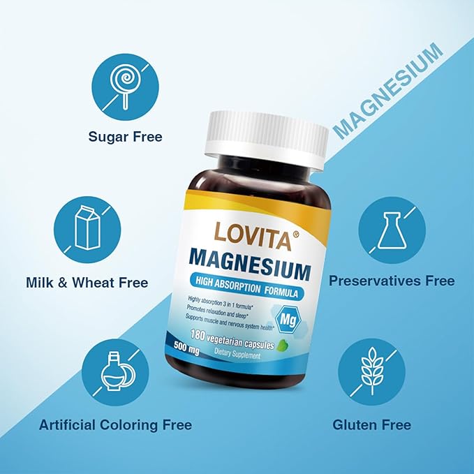 Lovita Triple Magnesium Complex 500mg High Absorption and Potency Formula Glycinate Citrate &amp Oxide Support Sleep Relaxation Heart Nerves &amp Bone Health 180 Vegan Capsules (Pack of 3)