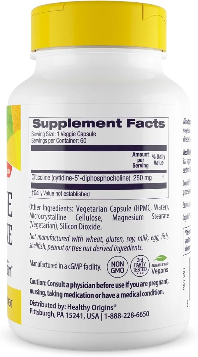 Healthy Origins Cognizin (Citicoline) 250 mg - Brain Supplement for Memory with Citicoline CDP Choline - Non-GMO Vegan &amp Gluten-Free Supplement - 60 Veggie Capsules