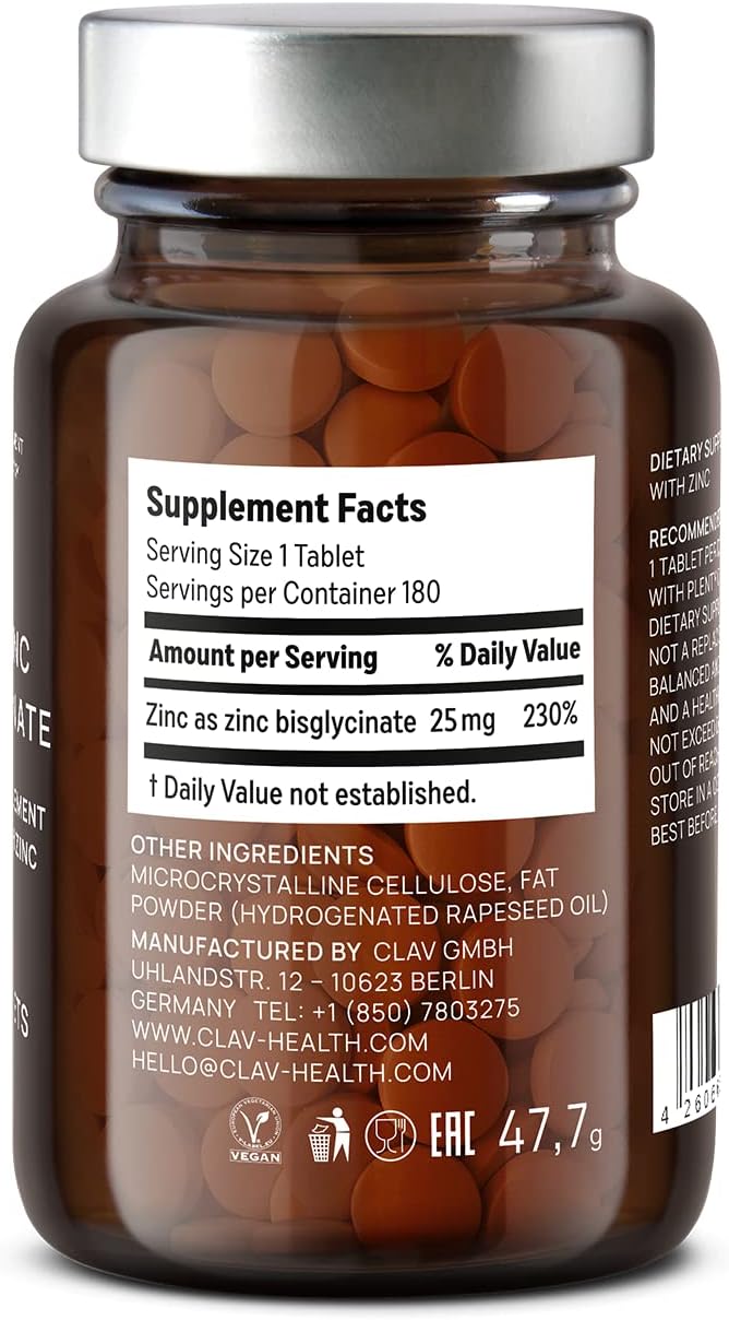 CLAV® Zinc Bisglycinate 25mg - 180 Tablets (6 Months Supply) - Natural Chelated Supplement - Vegan Glycinate for Immune &amp Skin Support
