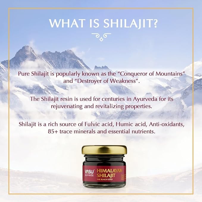 VASU Ayurveda Himalayan Shilajit Resin 400mg – Lab Tested Natural Energy Booster with Fulvic Acid &amp 85+ Trace Minerals – Pure Shilajit for Men &amp Women – 100 Days Supply for Strength &amp Stam