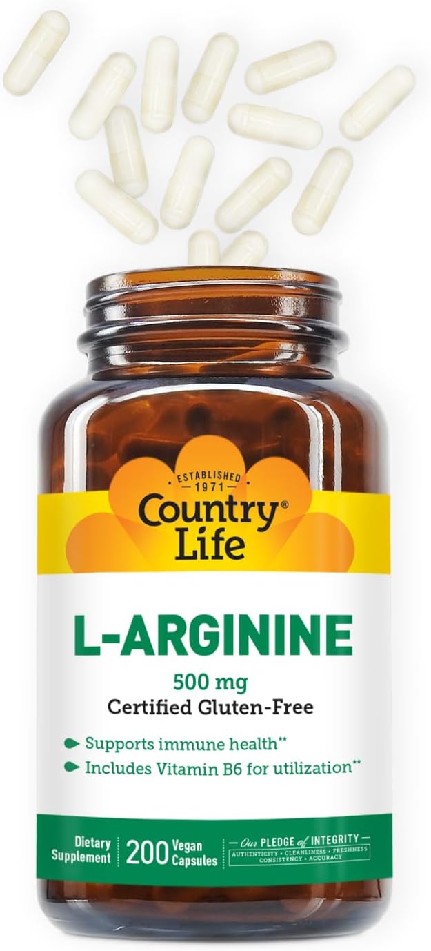 Country Life L-Arginine Caps with Vitamin B-6 500mg 200 Vegan Capsules Certified Gluten Free Certified Vegan