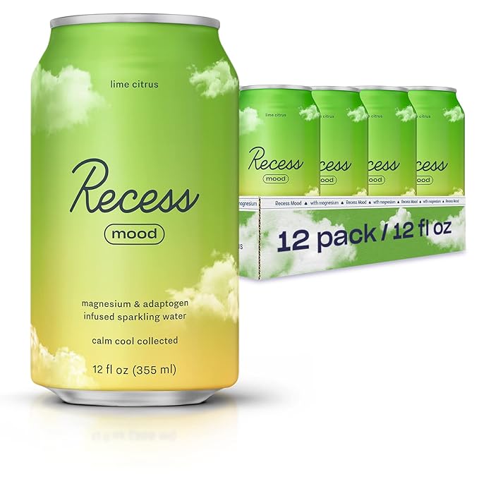Recess Mood Lime Citrus Functional Sparkling Water Magnesium &amp Adaptogen Infused Sparkling Water 12 Fluid Ounce (Pack of 12)