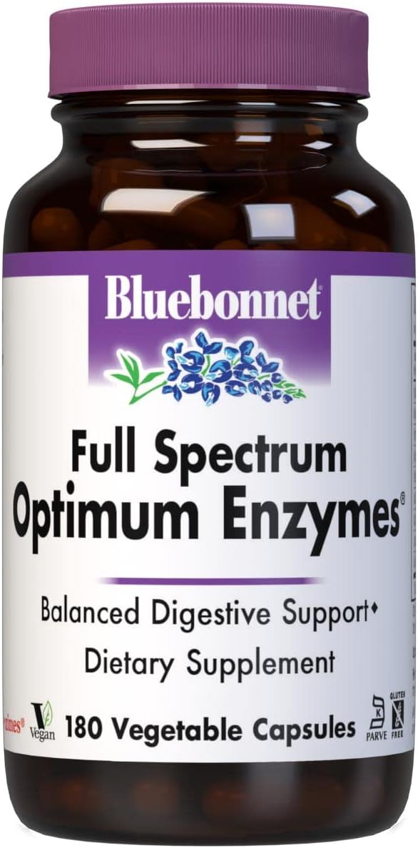 BlueBonnet Full Spectrum Optimum Digestive Enzymes - 9 Plant-Based Proteolytic Enzymes - Papaya Bromelain Amylase Gut Health for Women &amp Men - Vegan &amp Gluten-Free - 180 Vegetable Capsules