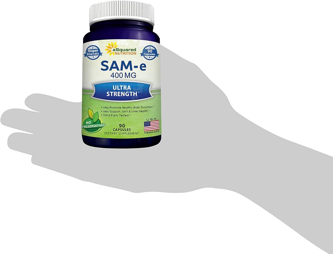 aSquared Nutrition SAM-e 400mg Supplement - 90 Capsules - Same (S-Adenosyl Methionine) to Support Mood Joint Health and Brain Function - Extra Strength Vegan SAM e Pills