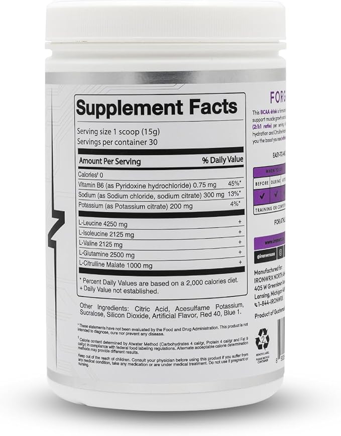 BCAA Powder | 8g Amino Acids per Serving | 2:1:1 Ratio with Citrulline Malate &amp L-Glutamine | Advanced Muscle Recovery &amp Soreness Support | Grape 30 Servings | Zero Sugar Keto Friendly