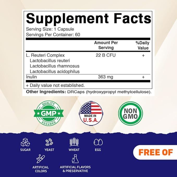 Vitamatic Lactobacillus Reuteri Complex – 22 Billion CFU per Delayed Release Capsule – 60 Capsules – Digestive &amp Gut Health Support – with Prebiotic Inulin Fiber - 2 Pack