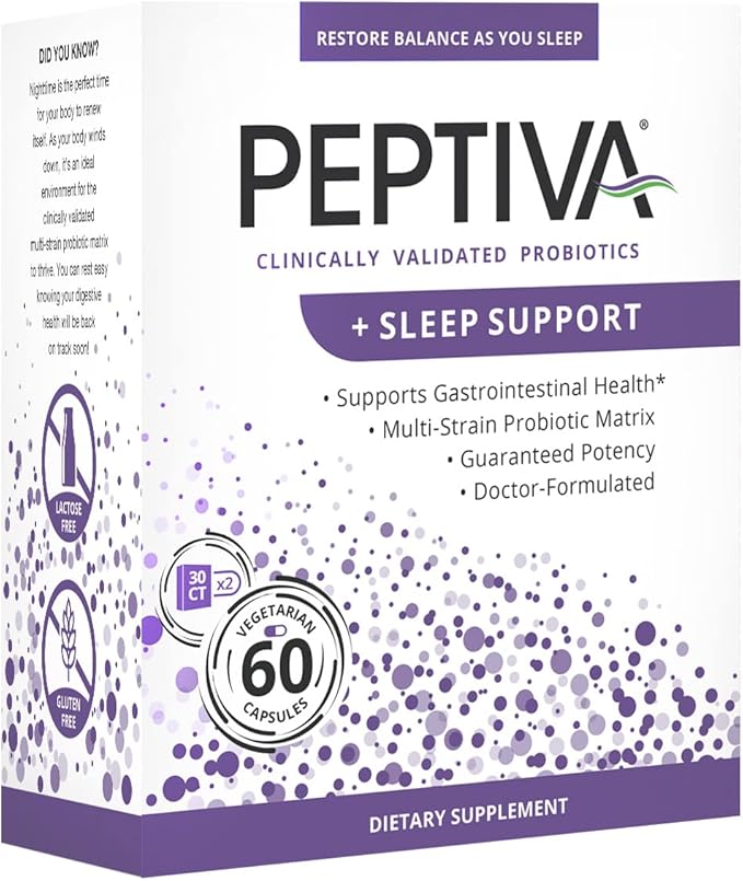 Peptiva 26 Billion CFU Probiotic and Sleep Support - Clinically Validated Multi-Strain Probiotic - Lactobacillus and Bifidobacterium Melatonin - 60 Count