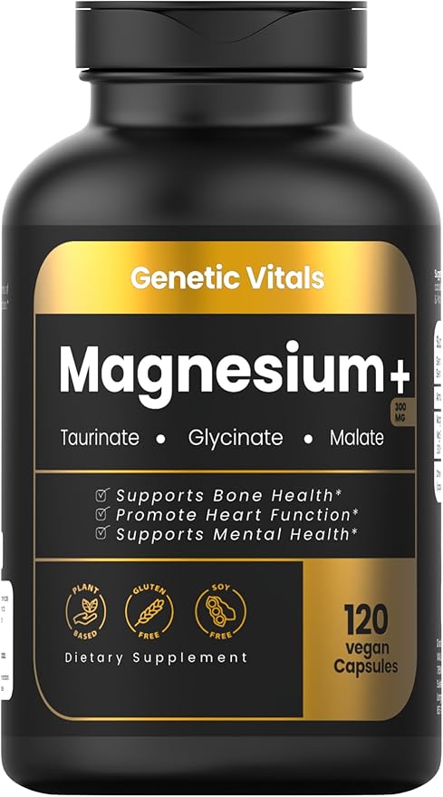 Triple Magnesium Complex 300mg - High Absorption Magnesium Glycinate Taurate &amp Malate - Gluten-Free &amp Vegan - 120 Capsules