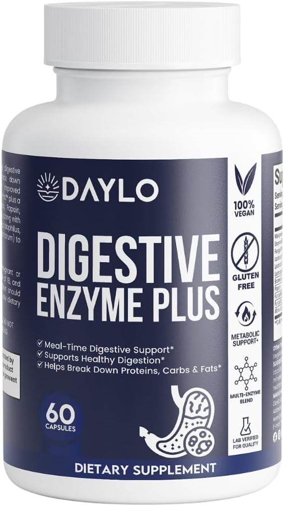 DAYLO Digestive Enzyme Plus Capsules - Digestive Enzyme Blend for Meal-Time Digestive Support Bromelain Papain Lipase Lactase &amp Alpha Galactosidase 60 Capsules