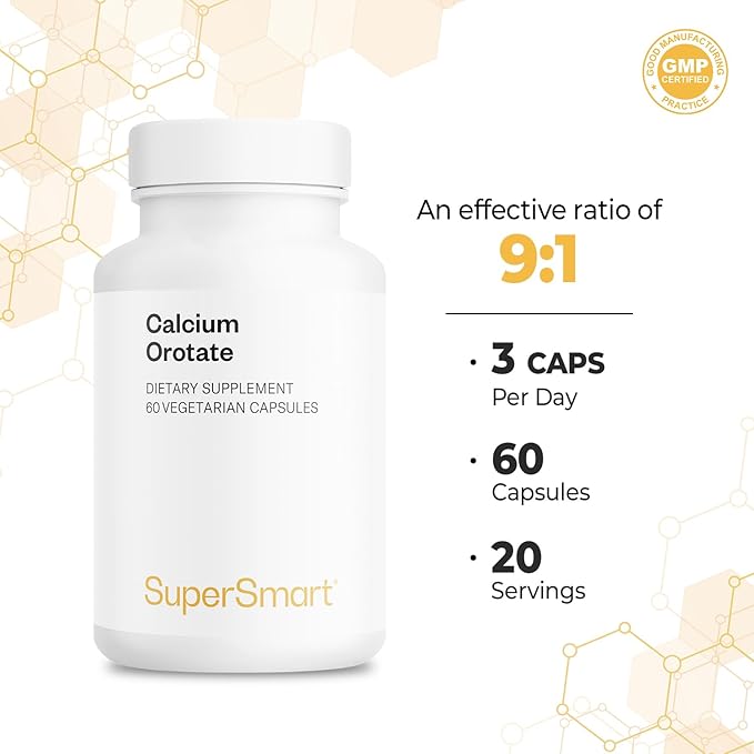 SuperSmart - Calcium Orotate with Magnesium Orotate 9:1 (Highly Bioavailable) - Advanced Teeth &amp Bones Strength Supplement | Non-GMO &amp Gluten Free - 60 Vegetarian Capsules