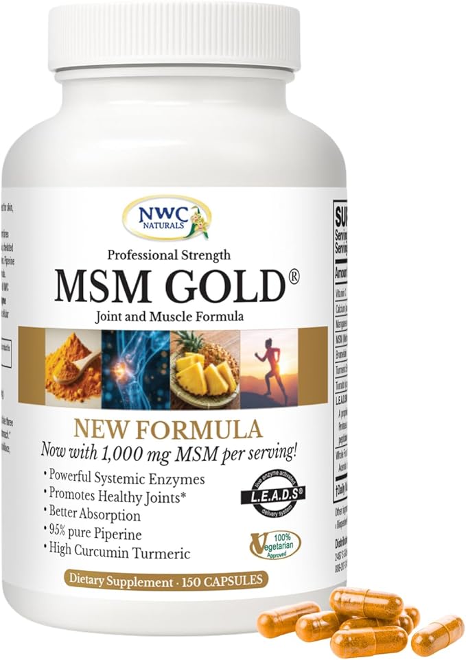 NWC Naturals MSM Gold – Systemic Enzyme Supplement with Turmeric Tomato Lycopene &amp BioPerine for Nutrient Absorption – Joint &amp Muscle Support – 150 Antioxidant-Rich Vegetarian Capsules
