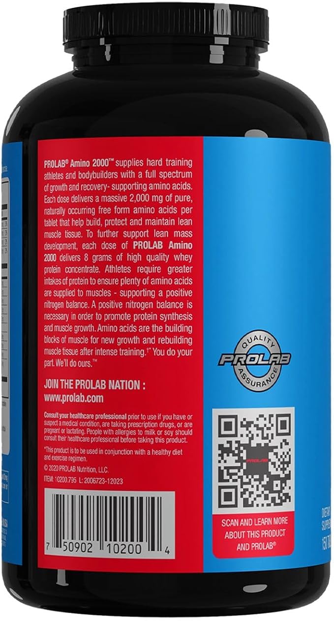Prolab Amino 2000 Essential Amino Acids Supplement High-Potency BCAA Blend for Muscle Support &amp Recovery (150 Tablets)