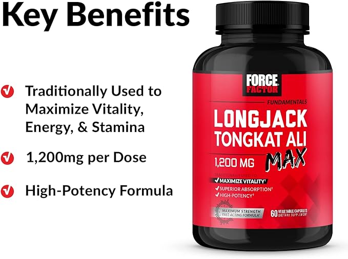 Force Factor Longjack Tongkat Ali Max Men's Vitality L-Arginine Nitric Oxide for Muscle Building 60+150 Capsules
