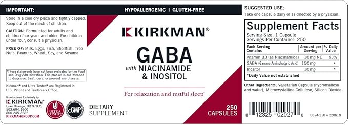 Kirkman - GABA with Niacinamide &amp Inositol - 250 Capsules - Supports Relaxation - Supports Restful Sleep - Hypoallergenic