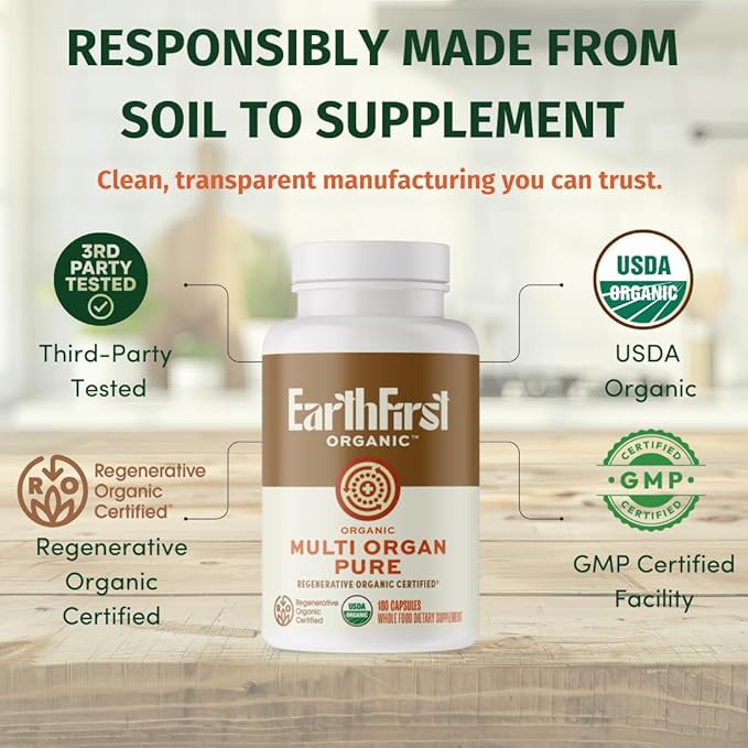 Multi Organ Pure – Regenerative Organic Certified Grass-Fed Organ Blend – Liver Heart &amp Kidney for Energy Detox &amp Metabolic Support – with AB22 Probiotic – 180 Capsules