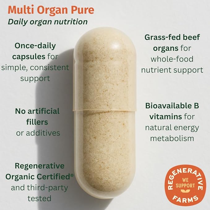Multi Organ Pure – Regenerative Organic Certified Grass-Fed Organ Blend – Liver Heart &amp Kidney for Energy Detox &amp Metabolic Support – with AB22 Probiotic – 180 Capsules