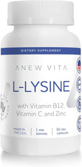 L-Lysine Supplement with Vitamin B12 + C + Zinc for Lip Mouth and Oral Tissue Health - Enhanced Wellness Support - Non-GMO Gluten-Free - Made in USA - 60 Vegetable Capsules 500mg
