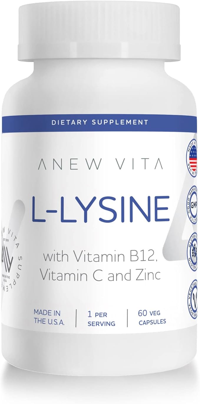 L-Lysine Supplement with Vitamin B12 + C + Zinc for Lip Mouth and Oral Tissue Health - Enhanced Wellness Support - Non-GMO Gluten-Free - Made in USA - 60 Vegetable Capsules 500mg