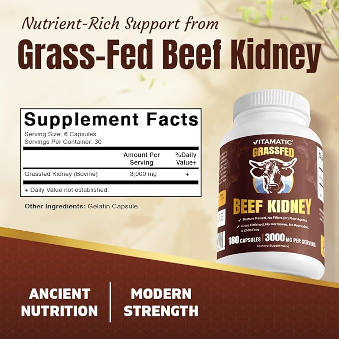 Vitamatic Grass-Fed Beef Kidney 180 Capsules – Freeze-Dried Non-GMO Bovine Liver Supplement – Pasture-Raised Glandular-Based Formula