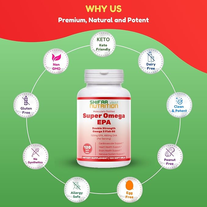 SHIFAA NUTRITION Halal Fish Oil Softgels 120 Ct Double Strength - Halal Omega 3 Fish Oil Supplements. Wild Caught Non-GMO &amp Purified