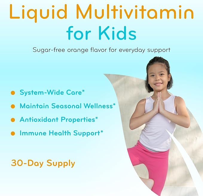 Sugar Free Liquid Multivitamin for Kids - High Absorption Kids Liquid Multivitamin with Vitamins A C D E &amp B Complex Plus Quercetin Immune Support Complex - 3rd Party Tested - Orange Flavor (1 Mon