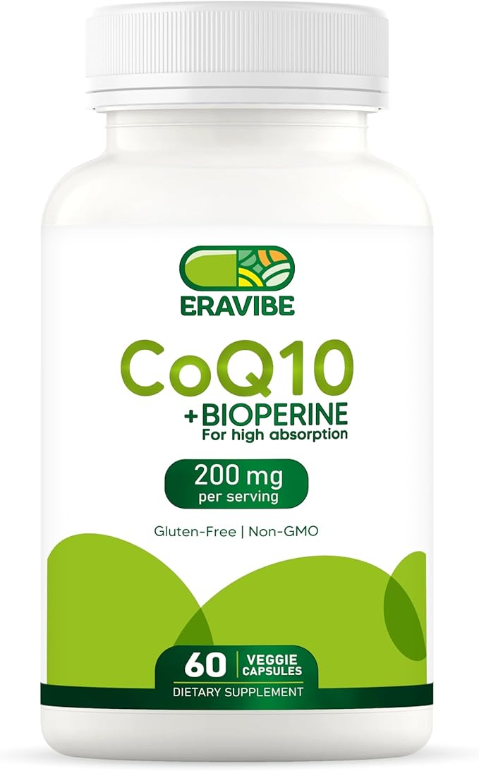 Pure CoQ10 Energy Support High Absorption with Bioperine 200 mg per Serving 60 Veggie Capsules Gluten-Free Non-GMO