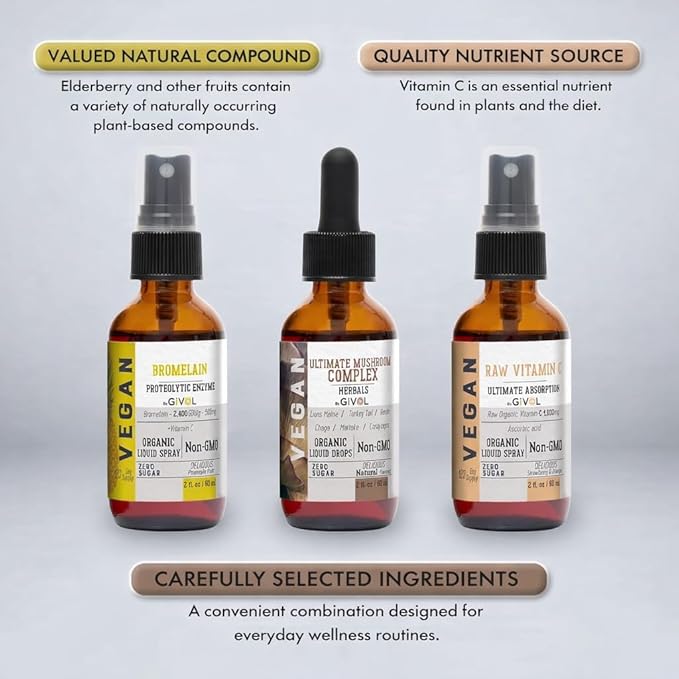 Inflammation Defense Bundle: Ultimate Mushroom Complex with Lions Mane Reishi Cordyceps &amp Chaga Raw Vitamin C and Bromelain | Non-GMO | Gluten-Free | Sugar-Free | 2 Fl Oz | 240-Days Supply